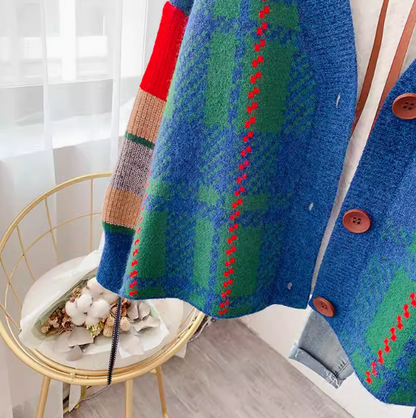 Japanese retro contrast color  V-neck Cardigan coat ED0271