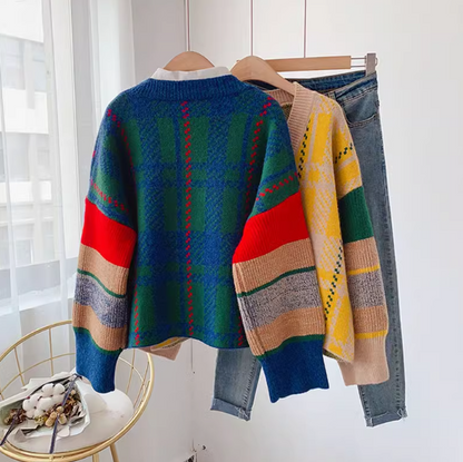 Japanese retro contrast color  V-neck Cardigan coat ED0271