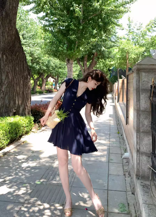 French V-neck flying sleeves dress ED0275