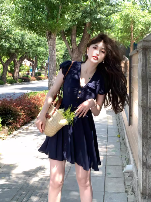 French V-neck flying sleeves dress ED0275