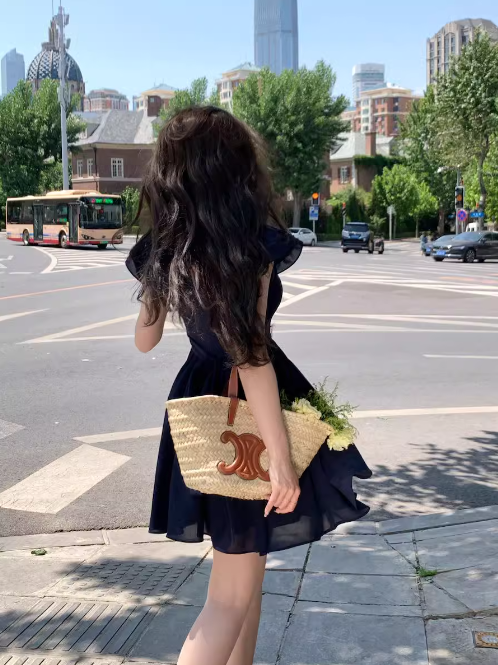 French V-neck flying sleeves dress ED0275