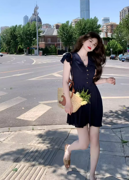 French V-neck flying sleeves dress ED0275