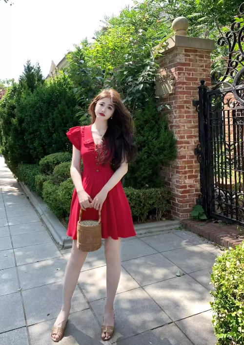 French V-neck flying sleeves dress ED0275