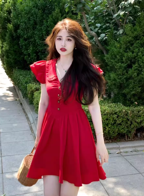 French V-neck flying sleeves dress ED0275