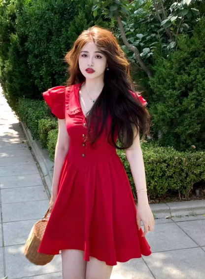 French V-neck flying sleeves dress ED0275