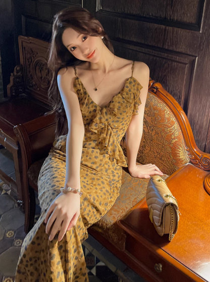 French retro leopard print v-neck ruffled chiffon suspender dress ED0361