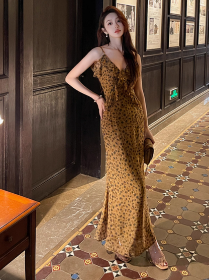French retro leopard print v-neck ruffled chiffon suspender dress ED0361