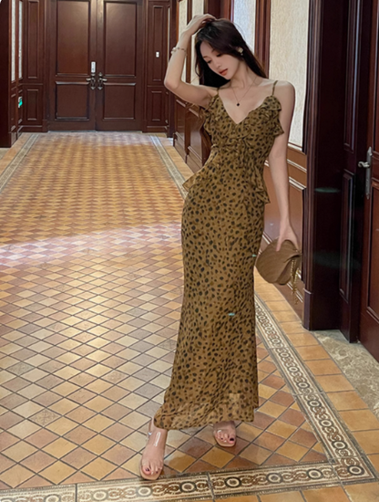 French retro leopard print v-neck ruffled chiffon suspender dress ED0361