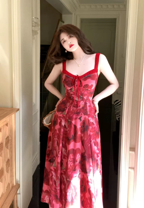 French tea break rose print suspender dress ED0394