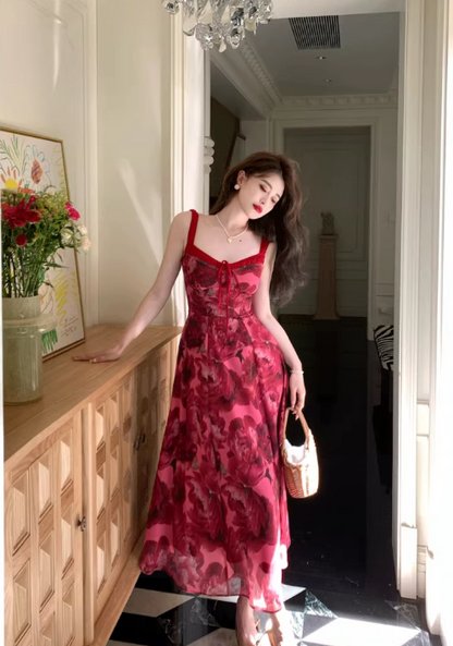 French tea break rose print suspender dress ED0394