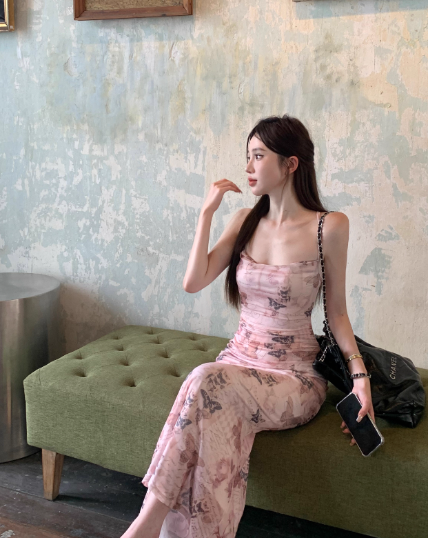 Sexy slim backless suspender dress with butterfly print ED0466