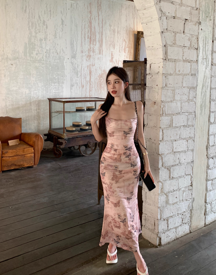 Sexy slim backless suspender dress with butterfly print ED0466