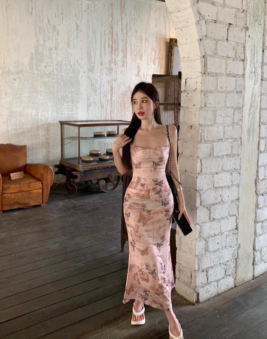 Sexy slim backless suspender dress with butterfly print ED0466