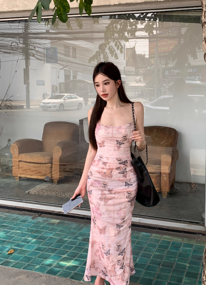 Sexy slim backless suspender dress with butterfly print ED0466