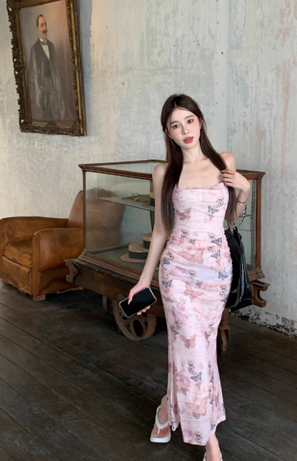 Sexy slim backless suspender dress with butterfly print ED0466