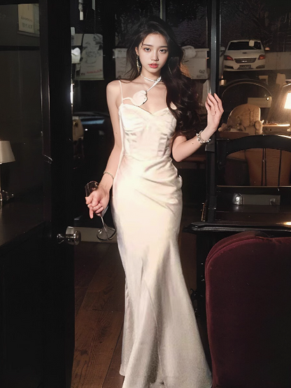 French Satin Fitted Suspender Dress ED0801