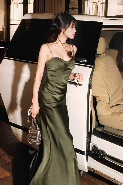 French Satin Fitted Suspender Dress ED0801