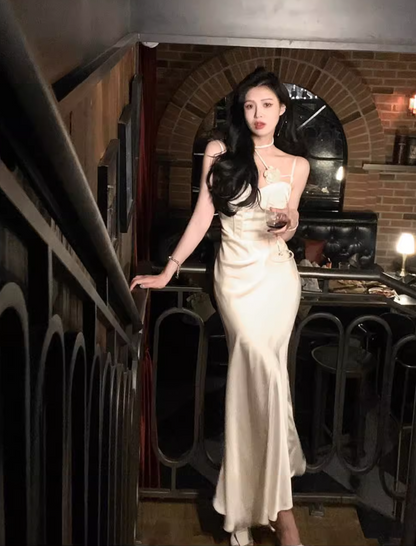 French Satin Fitted Suspender Dress ED0801