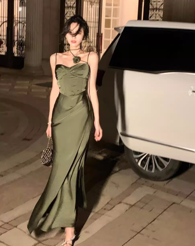 French Satin Fitted Suspender Dress ED0801