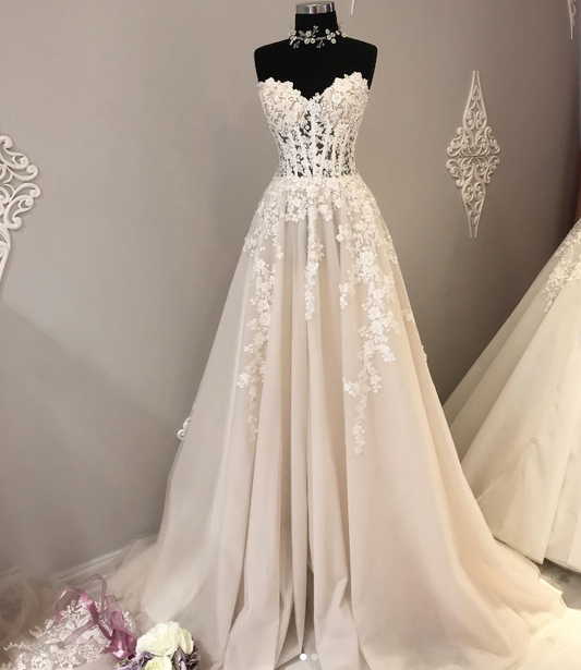 Champagne A Line Sweetheart Neckline Tulle Lace Long Wedding Dress, Tulle Lace Bridal Dress ED0843