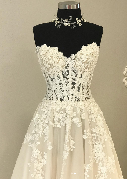 Champagne A Line Sweetheart Neckline Tulle Lace Long Wedding Dress, Tulle Lace Bridal Dress ED0843