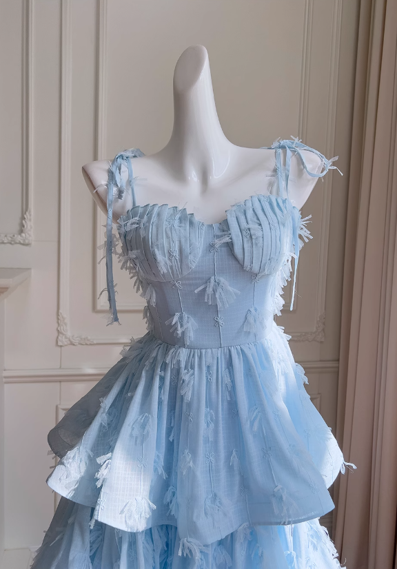 Blue chiffon suspender long cake skirt ED0946