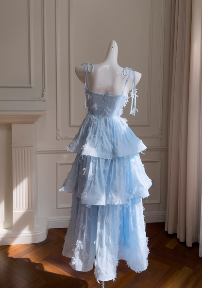 Blue chiffon suspender long cake skirt ED0946