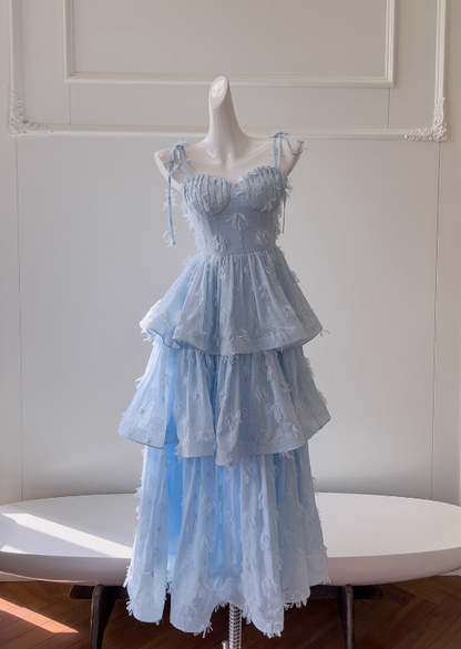 Blue chiffon suspender long cake skirt ED0946