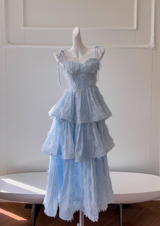 Blue chiffon suspender long cake skirt ED0946