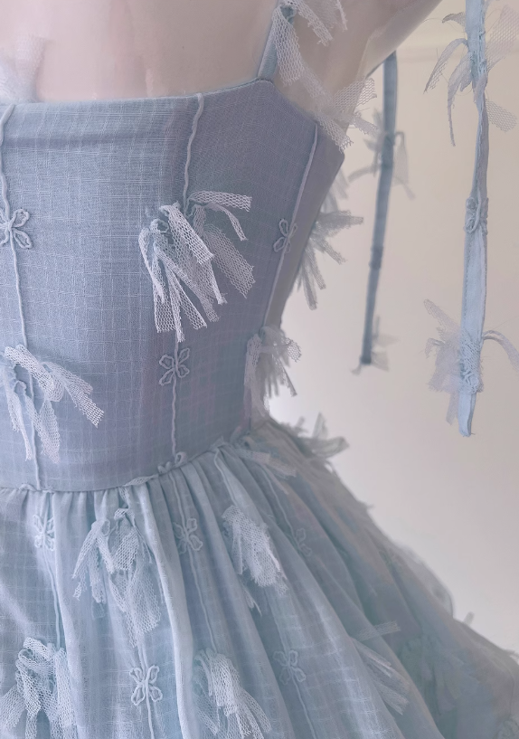 Blue chiffon suspender long cake skirt ED0946