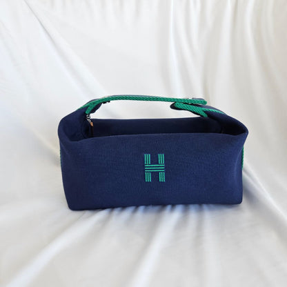 Hermes Blue Canvas Toile Bride-A-Brac Small Travel Case