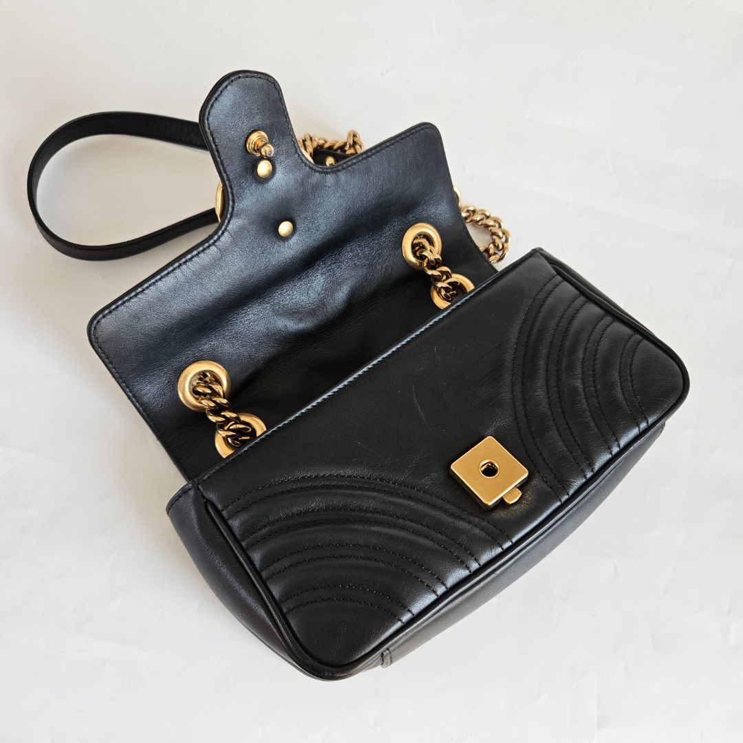 Gucci Black Calfskin Matelasse Small GG Marmont Shoulder Bag