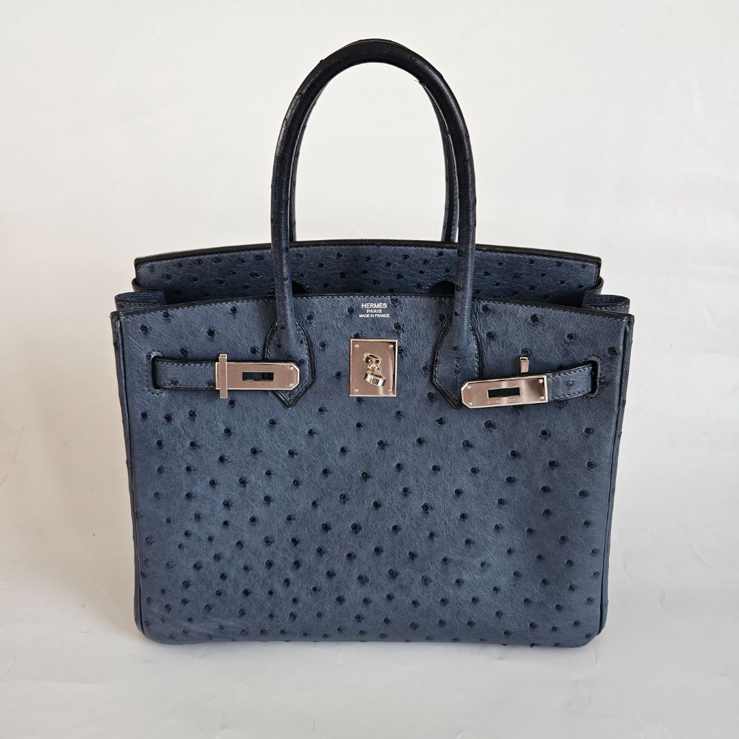 Hermes Ostrich Blue Birkin 30 Bag with Palladium Hardware