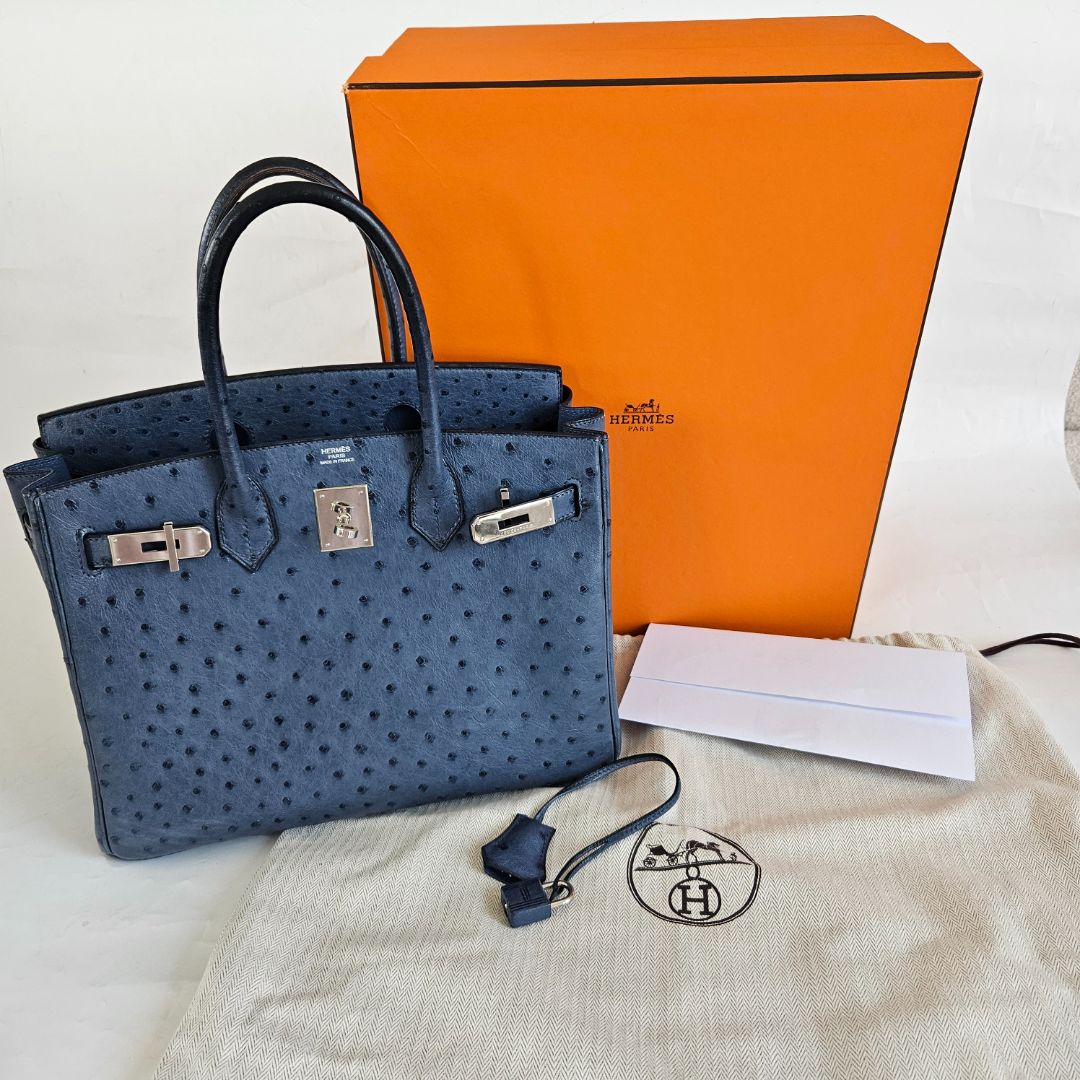 Hermes Ostrich Blue Birkin 30 Bag with Palladium Hardware