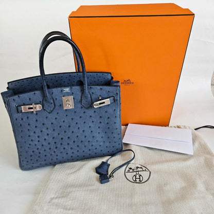 Hermes Ostrich Blue Birkin 30 Bag with Palladium Hardware
