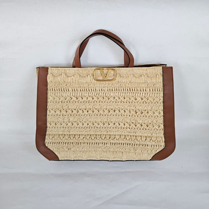 Valentino Garavani Vlogo Signature Embroidered Raffia Handbag Natural/ Saddle Brown