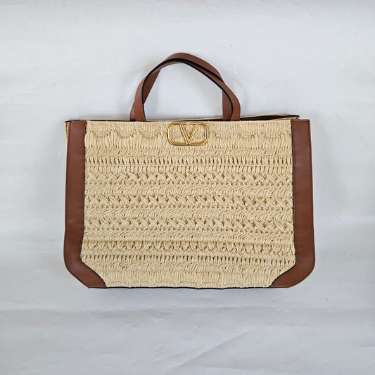 Valentino Garavani Vlogo Signature Embroidered Raffia Handbag Natural/ Saddle Brown