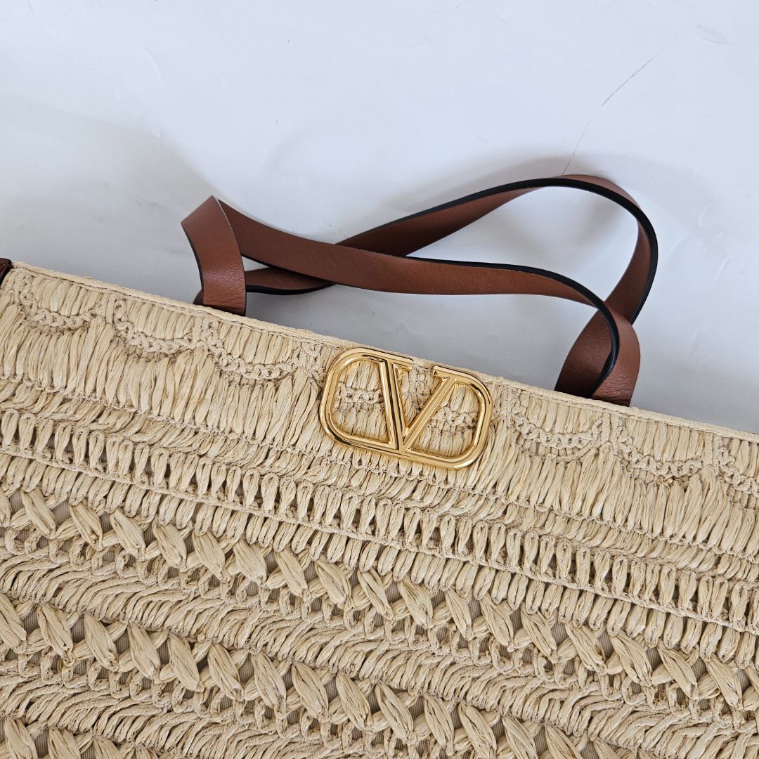 Valentino Garavani Vlogo Signature Embroidered Raffia Handbag Natural/ Saddle Brown