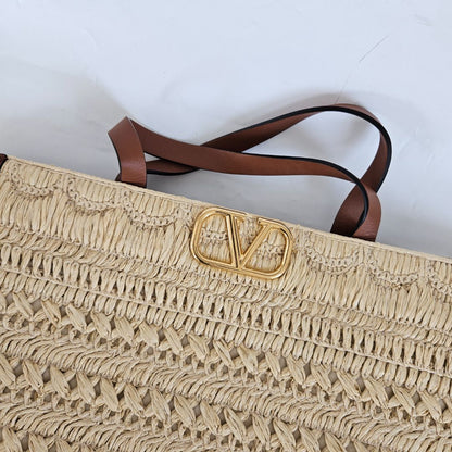 Valentino Garavani Vlogo Signature Embroidered Raffia Handbag Natural/ Saddle Brown
