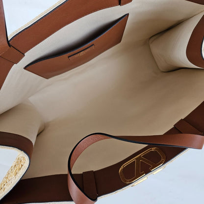 Valentino Garavani Vlogo Signature Embroidered Raffia Handbag Natural/ Saddle Brown