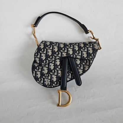 Dior Navy Blue Oblique Canvas and Leather Mini Saddle Bag