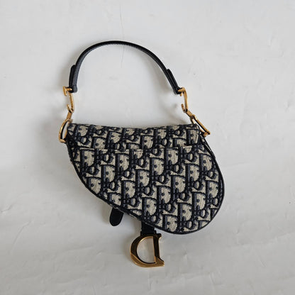 Dior Navy Blue Oblique Canvas and Leather Mini Saddle Bag