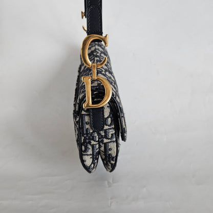 Dior Navy Blue Oblique Canvas and Leather Mini Saddle Bag