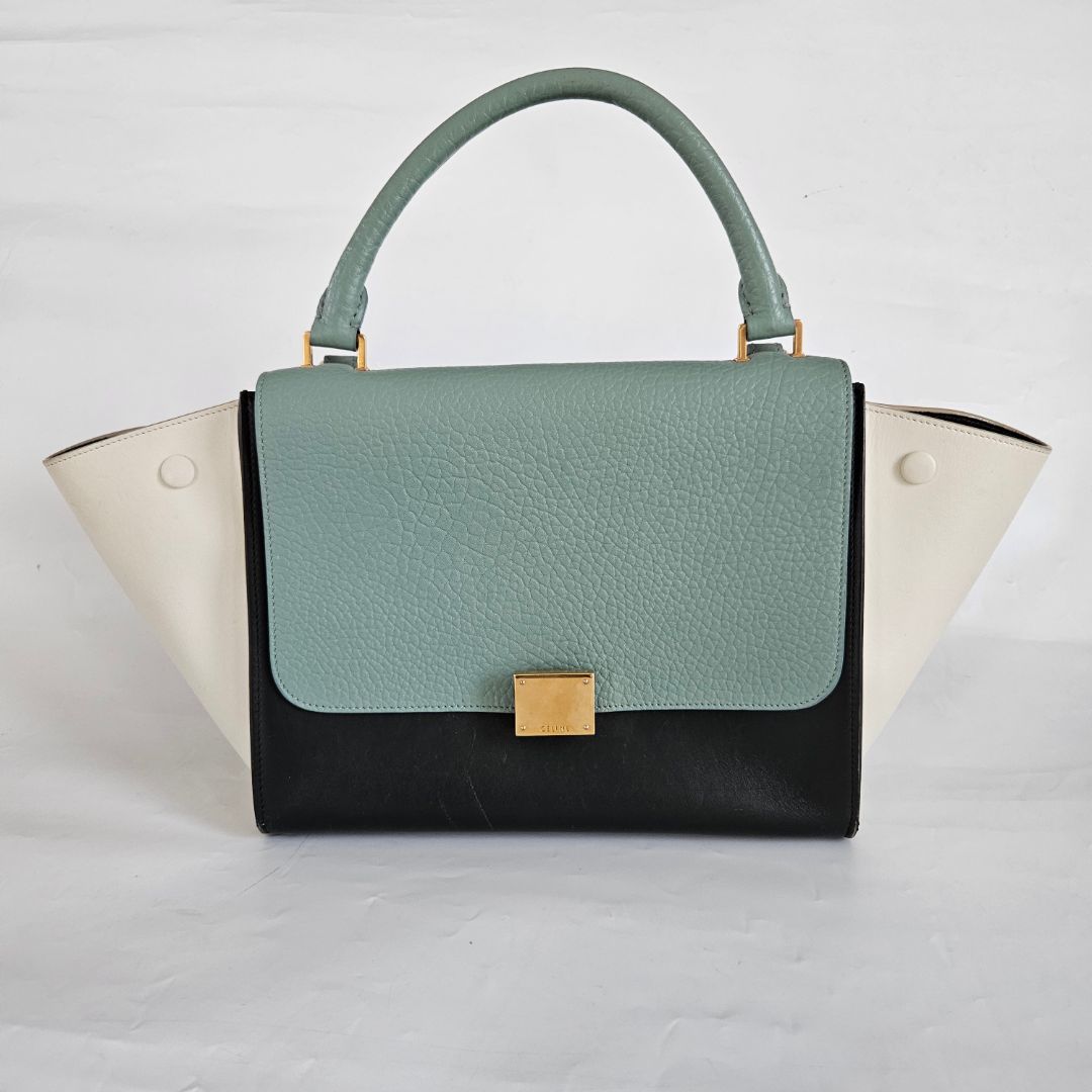 Celine Navy Blue/Green Leather and Suede Medium Trapeze Top Handle Bag