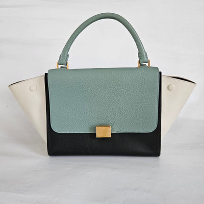 Celine Navy Blue/Green Leather and Suede Medium Trapeze Top Handle Bag