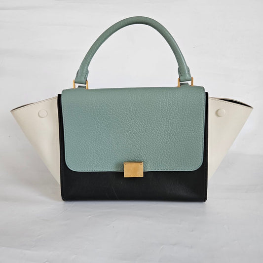 Celine Navy Blue/Green Leather and Suede Medium Trapeze Top Handle Bag