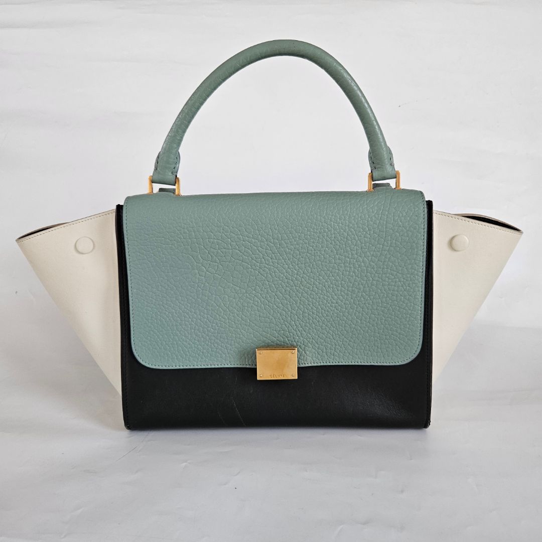 Celine Navy Blue/Green Leather and Suede Medium Trapeze Top Handle Bag