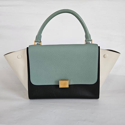 Celine Navy Blue/Green Leather and Suede Medium Trapeze Top Handle Bag