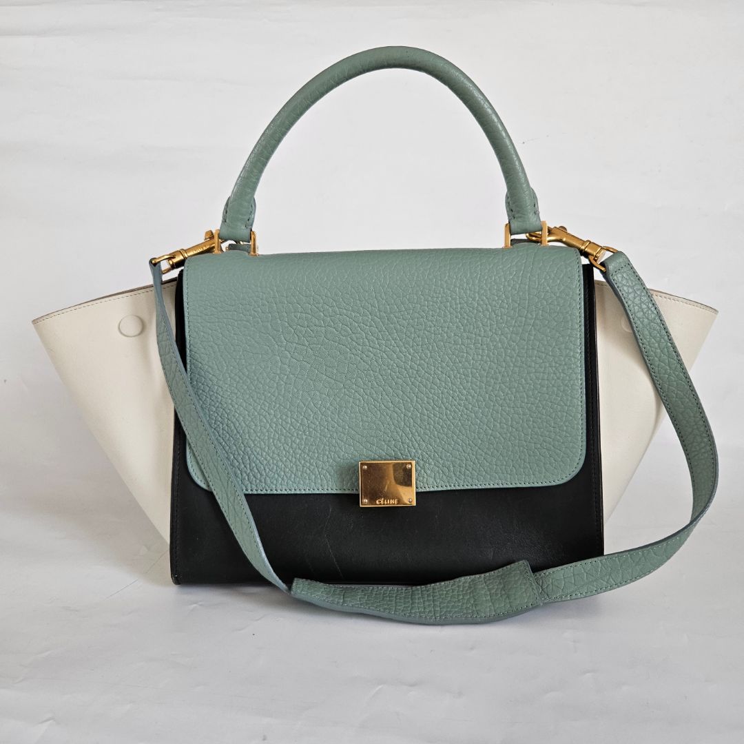 Celine Navy Blue/Green Leather and Suede Medium Trapeze Top Handle Bag