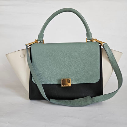 Celine Navy Blue/Green Leather and Suede Medium Trapeze Top Handle Bag